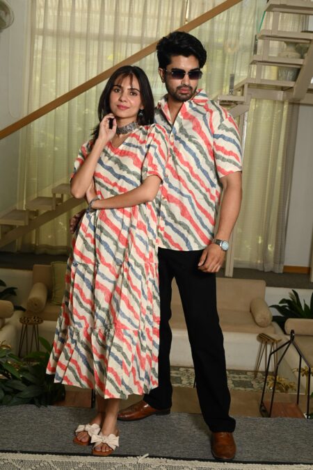 Couple Matching Cream Cotton Anarkali Midi Dress and Shirt Set ? Wavy Red & Blue Stripes